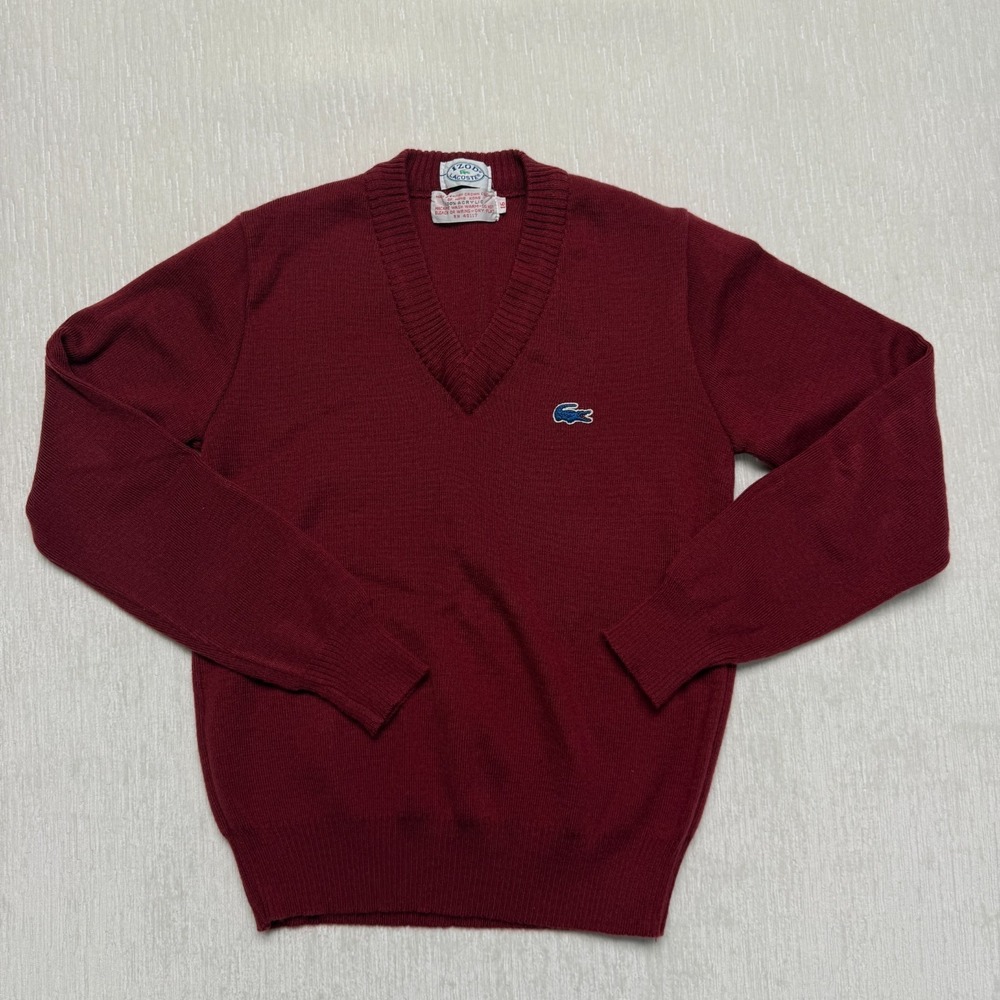 VTG Izod Lacoste Sweater V-Neck Boys 16 Burgundy Crocodile Logo Preppy Academia
